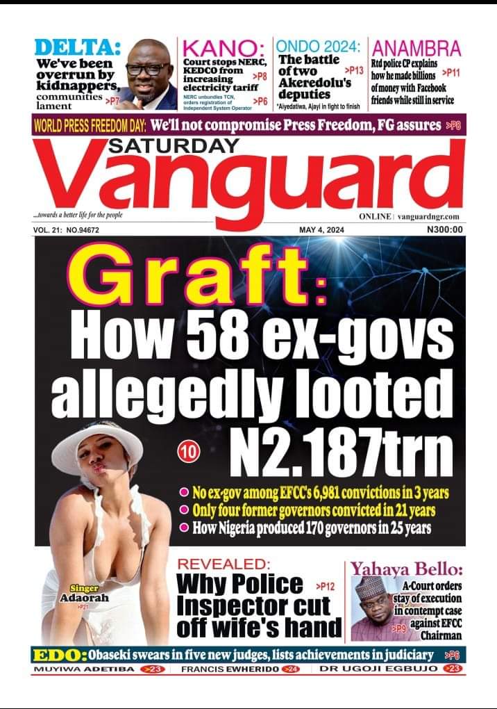 A thread containing major newspaper front pages. 4th May, 2024.

Open thread👇

....
Opay IBD Dende 1 USD Ajuri Arise TV Akin #bobrisky Tiwa Savage Umahi Sandra #FuelScarcity Genevieve Nnaji Mr Macaroni MC Oluomo Peter Obi Moses Bliss Teni