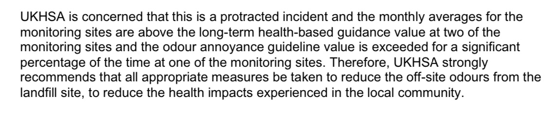 I’ve only just noticed that, since January 2024, the @UKHSA  have added this text of concern to their #WalleysQuarry (formerly Red Industries RM Ltd) reports.

…environmentagency.uk.engagementhq.com/20812/widgets/…

@EnvAgencyMids, this is not just about #StopTheStink, this is now about #HaltTheHarm