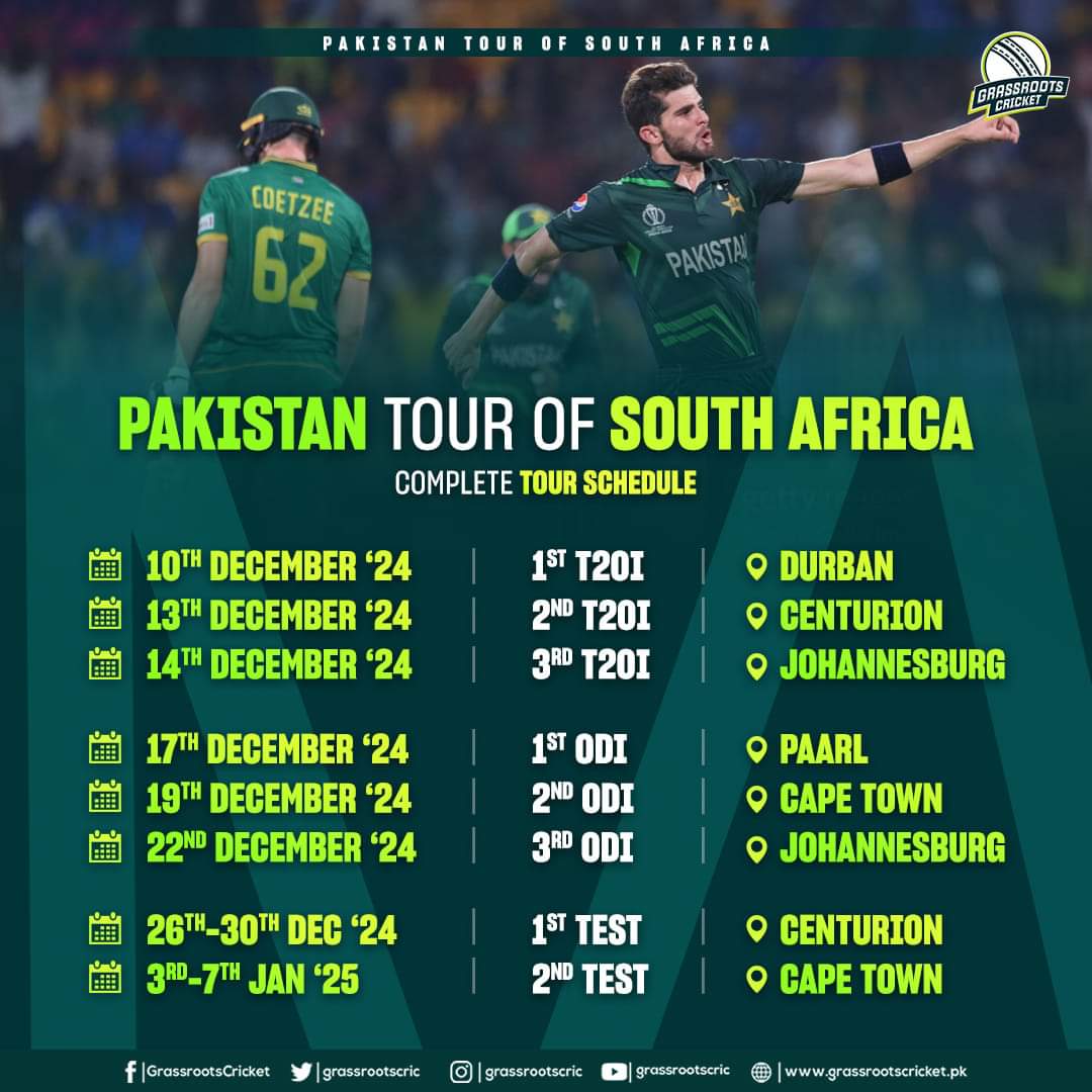 The Pakistan Men's team will tour South Africa for 2 Tests and 6 white-ball games in December/January 🇿🇦

#SAvPAK