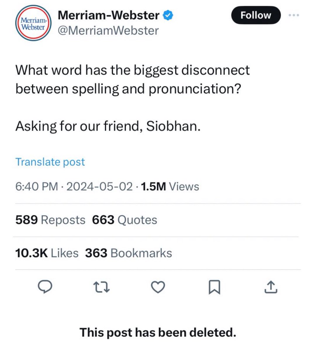Glad to see that this inane post by @MerriamWebster has been deleted. Once more for the people at the back: Irish names *are* pronounced the way that they are spelled. In *Irish.* It’s another language…