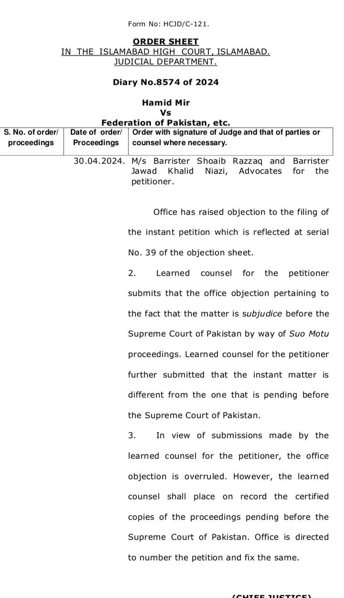 On Hamid Mir request to form a judicial commission to investigate Arshad Sharif murder the Islamabad High Court removed the objections of the Registrar Office and ordered the submission of certified copies of the orders of the Supreme Court own notice case to the petitioner.