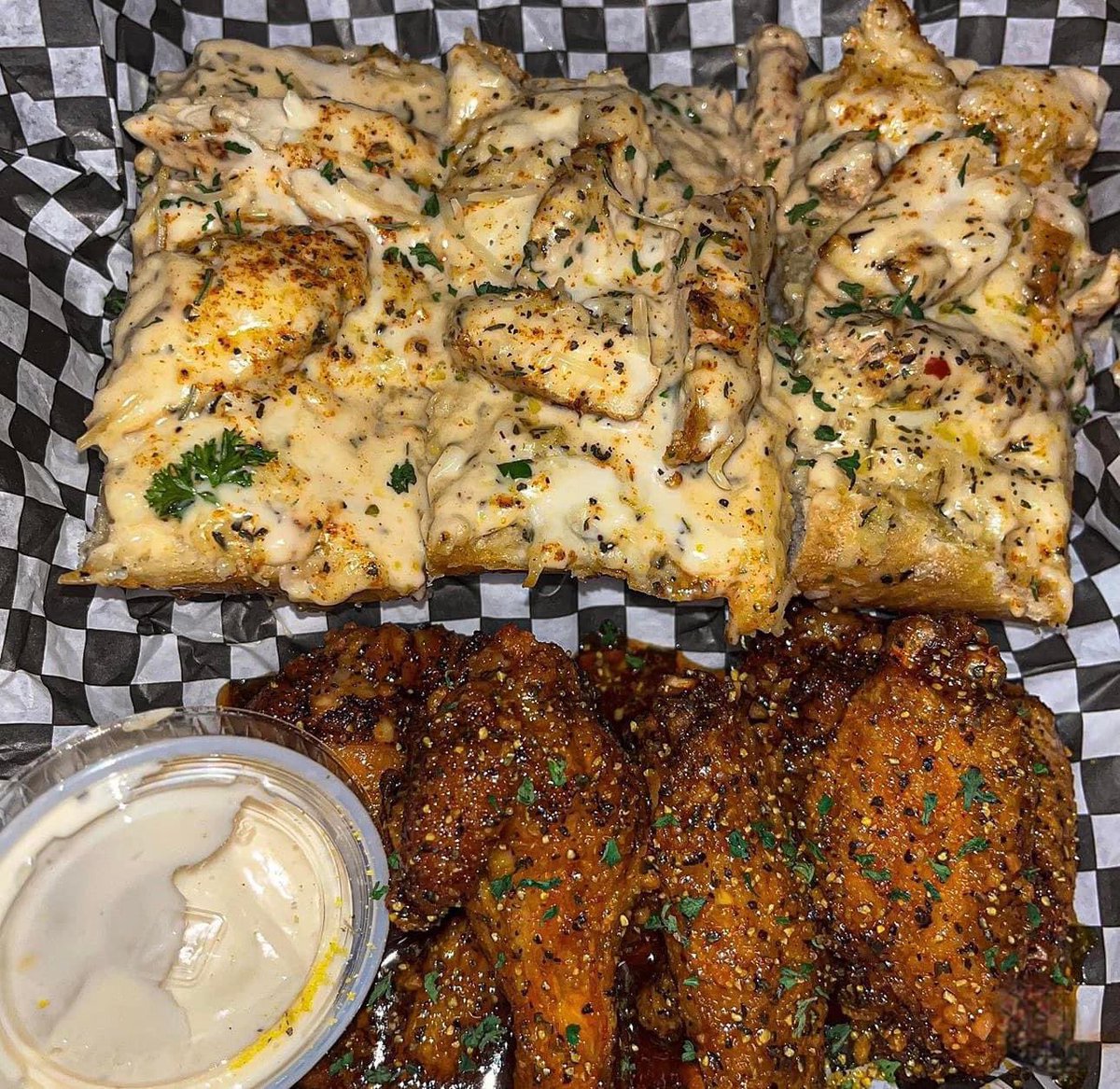 Chicken Alfredo garlic bread and wings.. Smash or Pass?