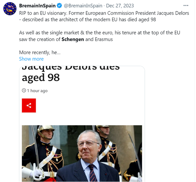 @MarchForRejoin What about @bremaininspain. A lot of stuff on 90/180, of course, given their target market. This was the only recent reference on anything else. 

At least it is half positive, recognising Delors's achievement. 

5