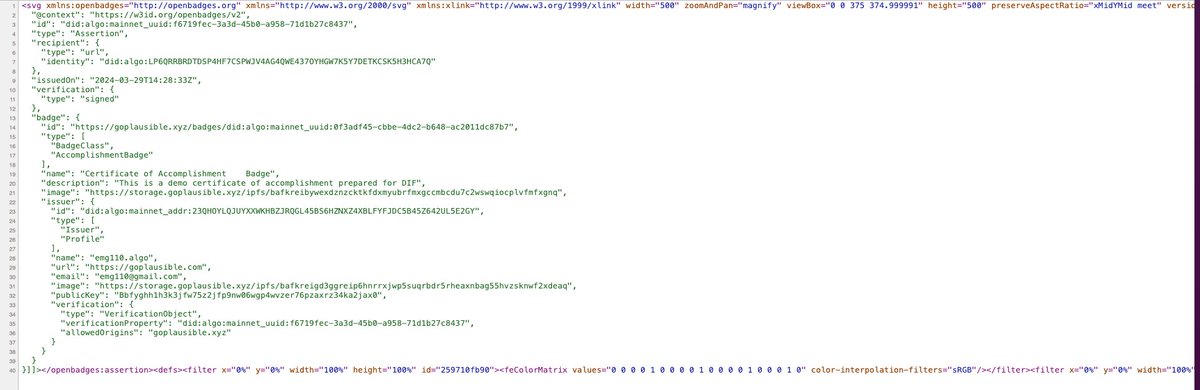 GoPlausible's tweet image. Oops and forgot to mention that even IMS OpenBadges standard V2 and V3 have been integrated as well. All #AlgoCodingChallenge and #AlgorandBootcamp badges are OpenBadges. Just right click on any badge from @GoPlausible to see the Verifiable Credential embedded in Badge image