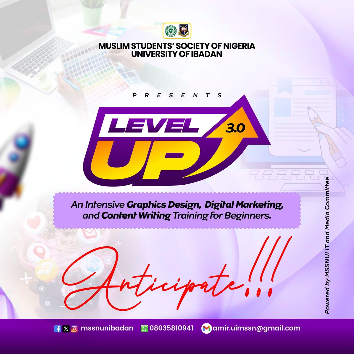 🚀🚀🚀 LEVEL UP 3.0🚀🚀🚀
 🟣🟡⚫ _ARE YOU READY_??? 

An intensive:
🎯 Graphics Design
🎯 Digital Marketing
🎯 Content Writing Training for Beginners. 😱🤭

Anticipate the third edition of Level Up as we take you through the journey of digital skills from beginner to pro 🙌🤩
