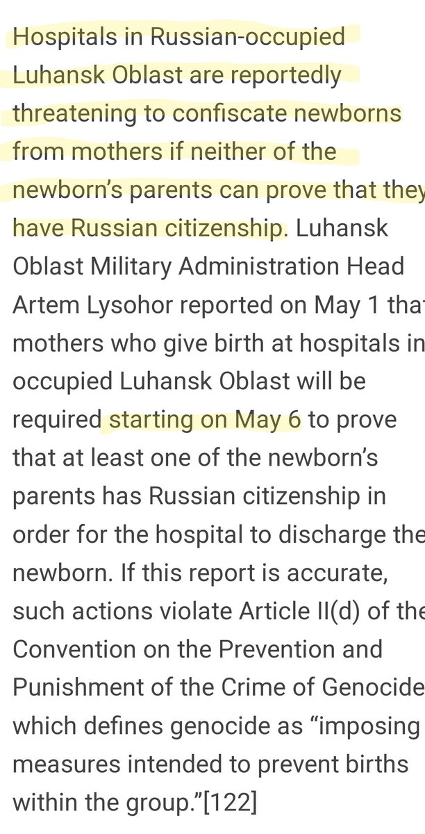 As the world looks on, the horrors inflicted on Ukrainians by the advancing Russians only get worse.

Starting May 6th, hospitals in Russian occupied Luhansk will take newborn babies from parents unless proven that at least one parent is Russian.

Link below