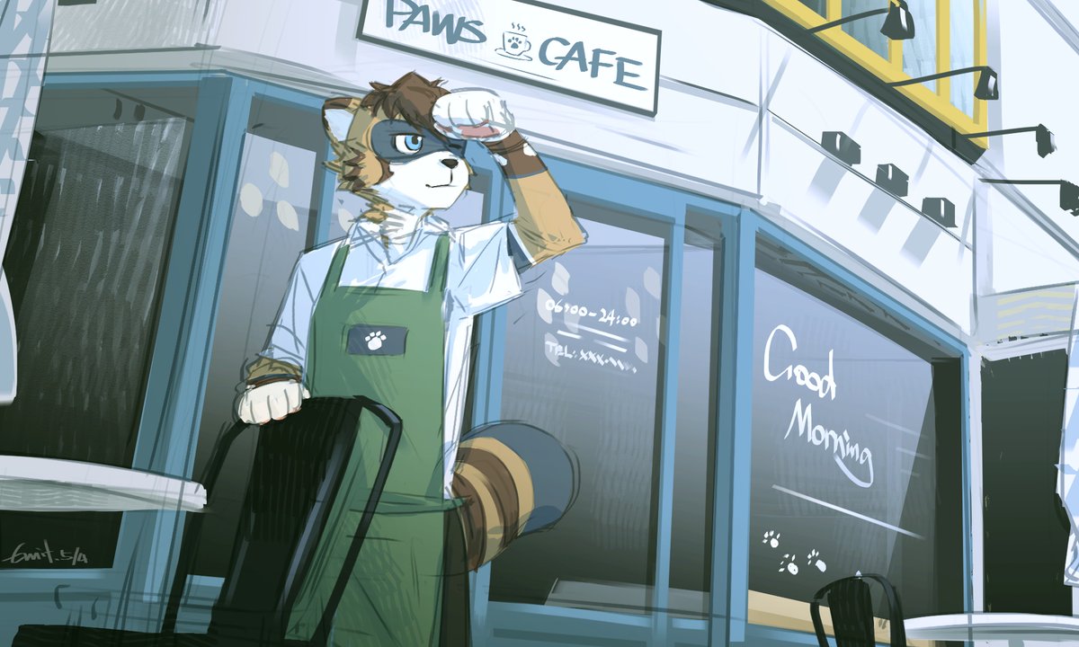 sketch commission
keyword - cafe 
(yes, it's cafe again)