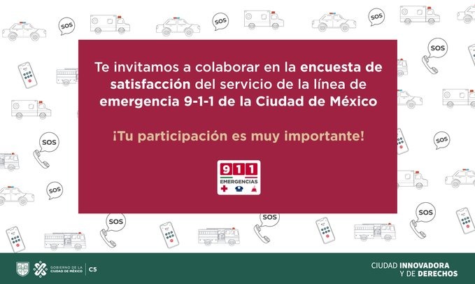 ¿Has utilizado el servicio del #911CDMX? 🚨⚠️🗣️🚓 🚒 🚑📋 ✅Te invitamos a participar en la encuesta de satisfacción del servicio de la línea de emergencias 9-1-1 #CDMX ENTRA A 👉🏻 bit.ly/3zz5jwS ¡Tu participación es muy importante!