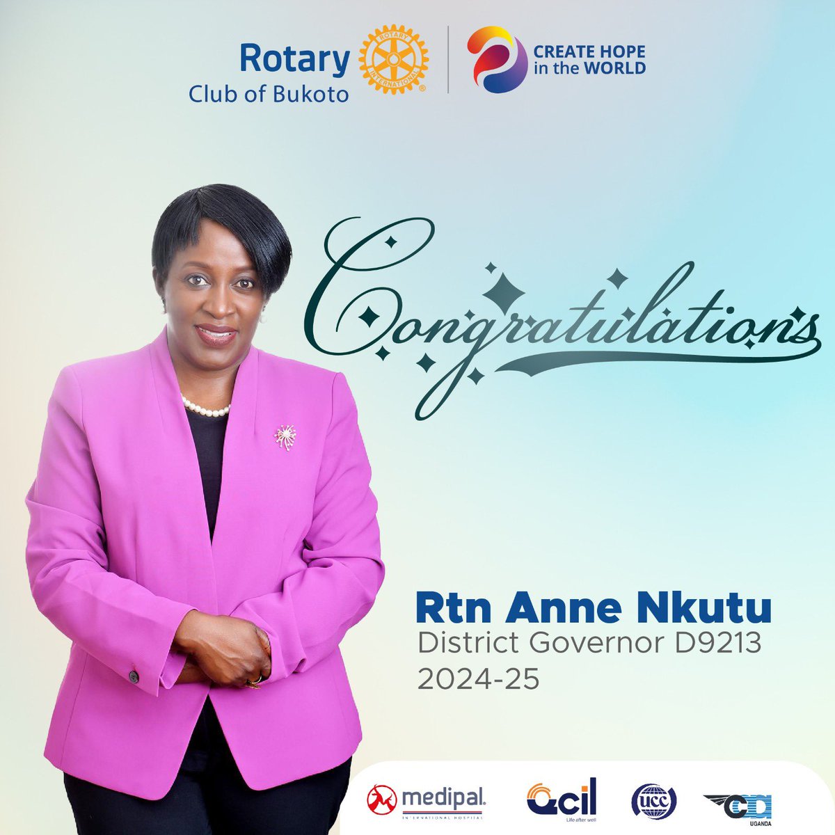 Rotary_Bukoto's tweet photo. Congratulations, District Governor @NkutuAnne ! 

Your leadership and dedication are truly inspiring. We're proud to have you guiding us forward as our @rotaryd9213 District Governor come 2024 - 2025. 

Here's to a successful Magical year ahead! #RCBukotoCares https://t.co/IhAcCCBuvw