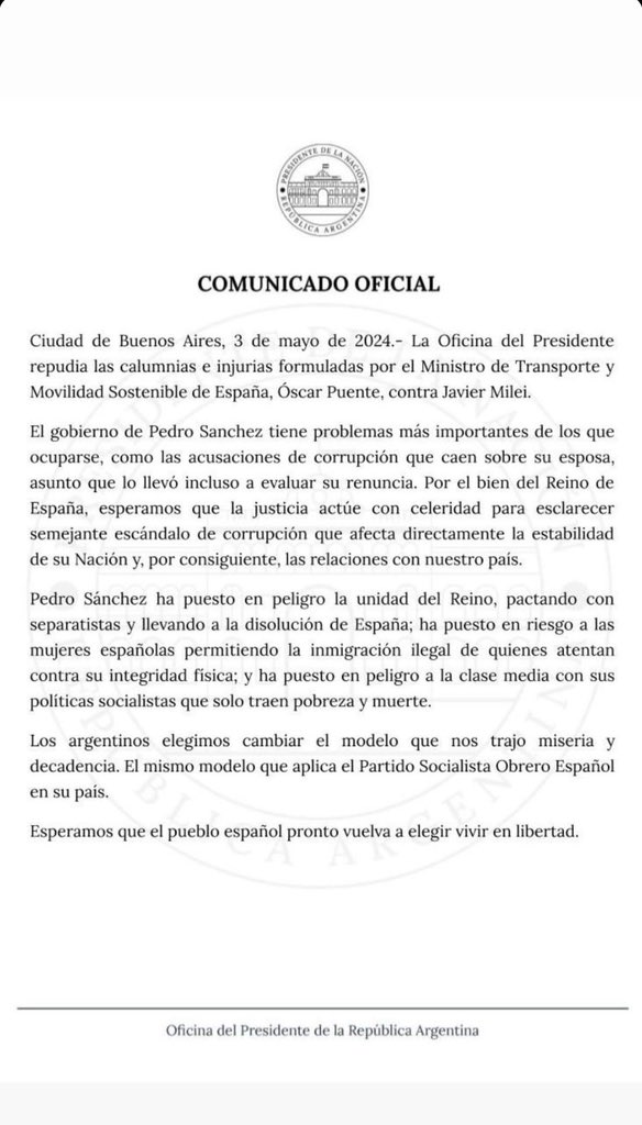 Comunicado oficial del Presidente @JMilei en respuesta a Oscar Puente. Sin comentarios.