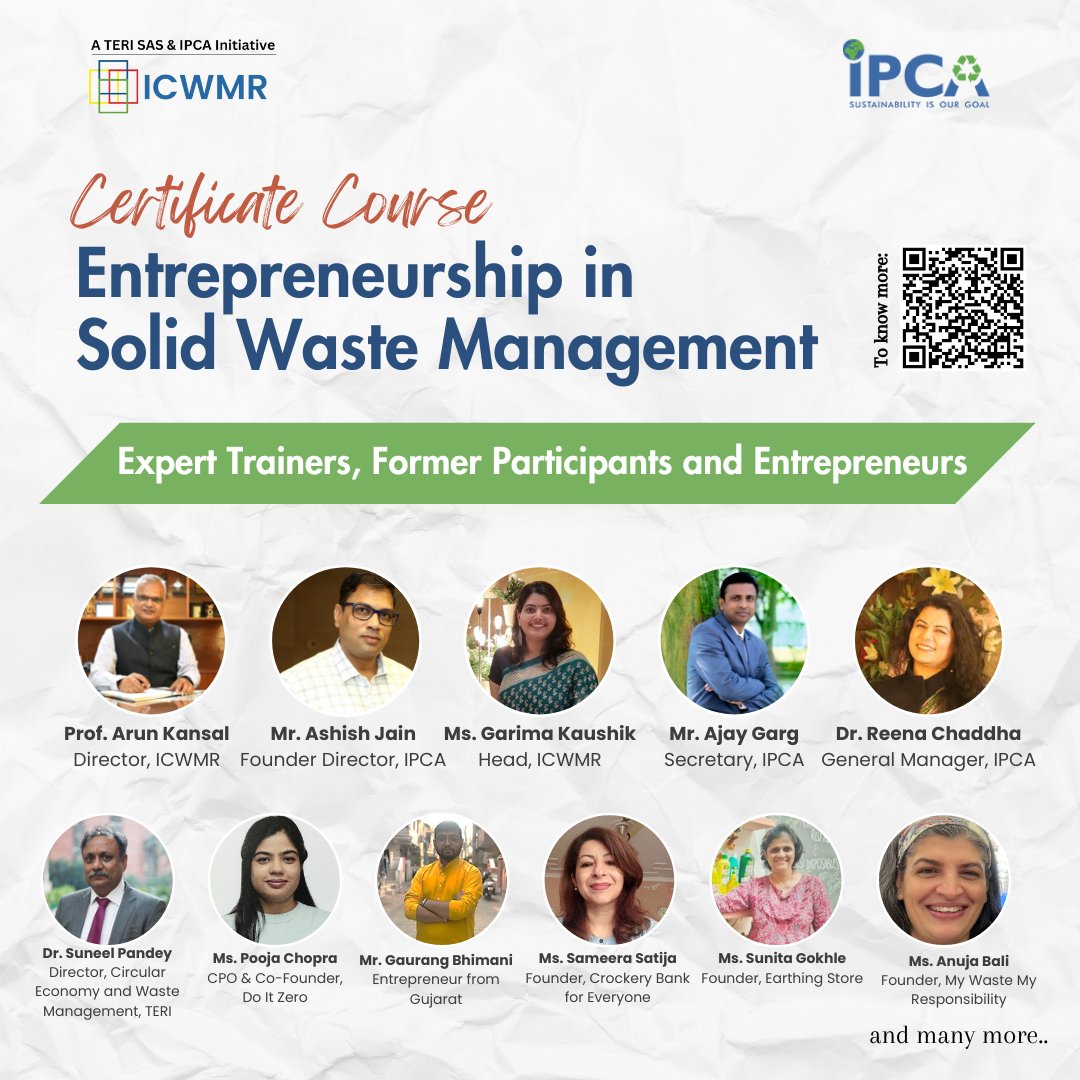 The masterminds behind the magic! Meet the experts alongside successful former participants who turned their passion into green business ventures.
#WasteManagement #Certificate #Course #Entrepreneurship #SolidWasteManagement #SWM #India #ICWMR #TERISAS #IPCA #sustainability