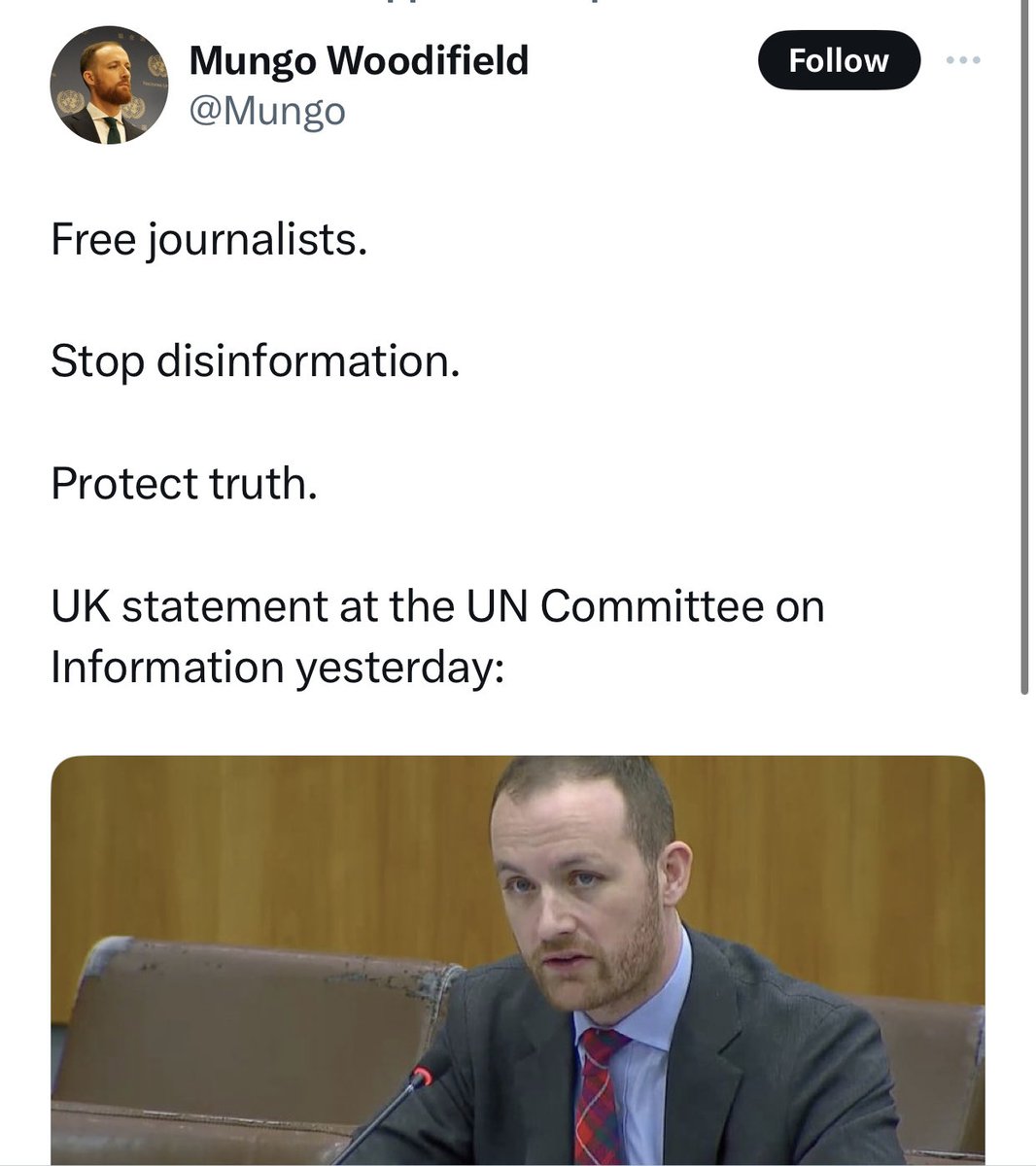 This guy - ⁦@Mungo⁩ - actually said this at the UN without laughing at himself:   “Instead of allowing journalists to freely and safely do their job, many countries around the world intimidate and even criminalise journalists for accurate reporting.” 😂

#FreeAssangeNow