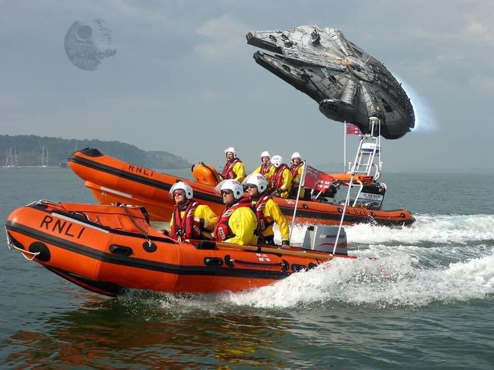 A long time ago, in a harbour not so far far away, the force was strong at Poole Lifeboat Station. Both boats carried out a joint training session with the Millennium Falcon before all 3 crafts were tasked to deal with the incoming Death Star. #StarWarsDay #MayThe4thBeWithYou