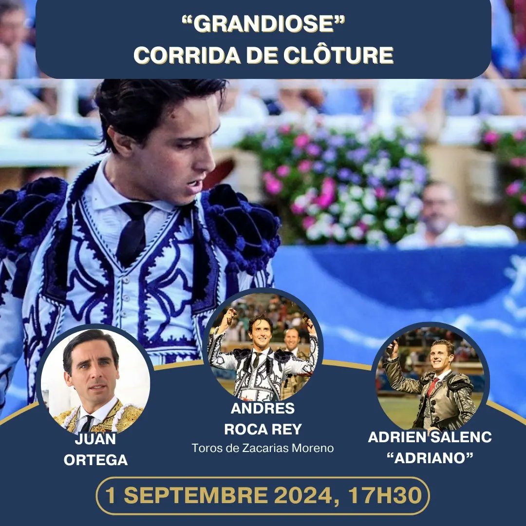 🇫🇷 Grandiose : "corrida de clôture"
📅 Dimanche 1er septembre, 17h30 🐂 Toros de Zacarias Moreno aux 🏟 <a href="/ArenesDeBayonne/">Arènes de Bayonne</a> pour Juan Ortega, <a href="/RocaRey/">Andrés Roca Rey</a> et <a href="/InfAdrienSalenc/">Info Adrien Salenc</a> !