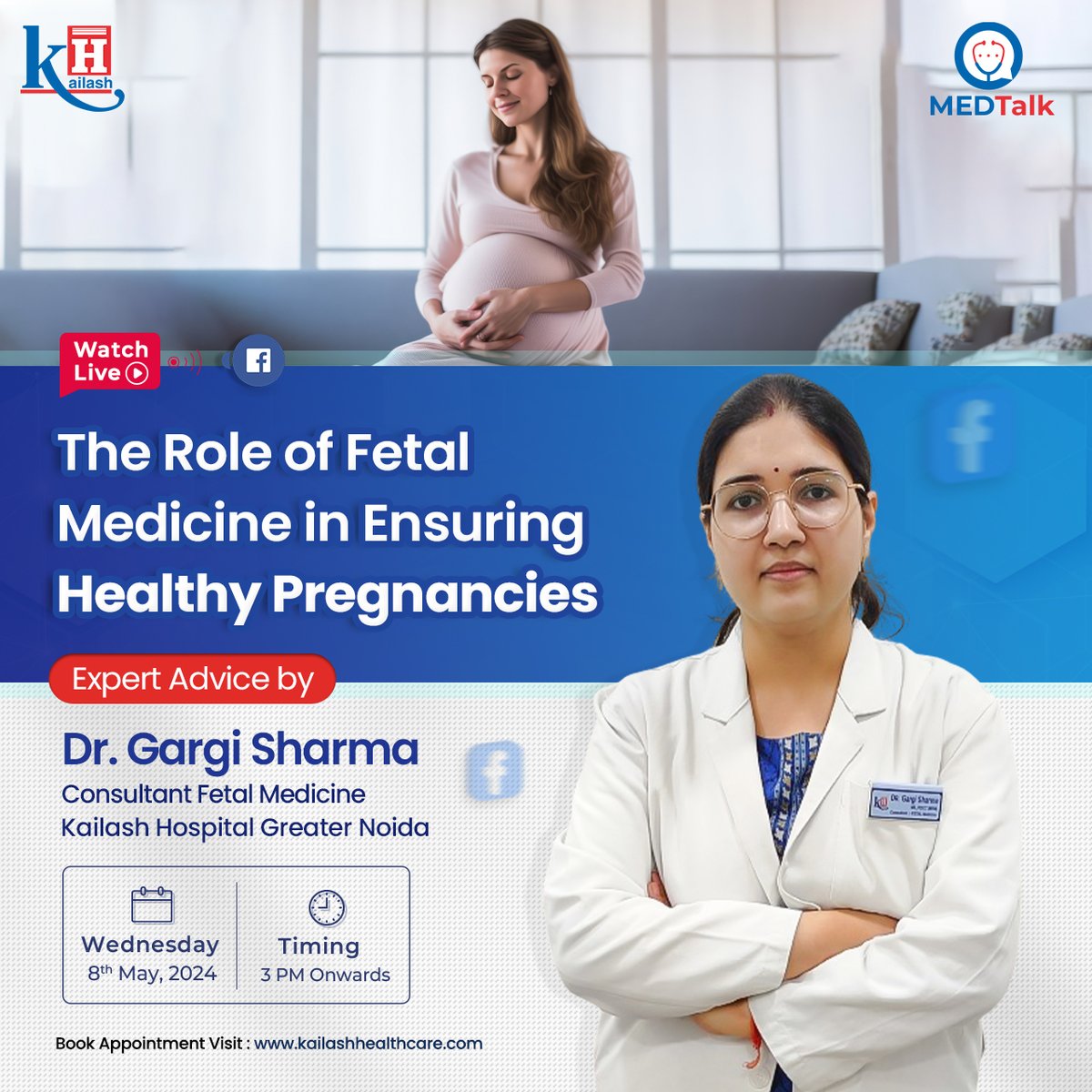 Event Alert📢: Watch LIVE on #Medtalk: Dr Gargi Sharma will discuss the importance of fetal medicine in monitoring the health of your baby, & specially detecting birth defects in high risk pregnancies.

Do not miss the session on 8th May Wednesday 3pm
Click to know more: