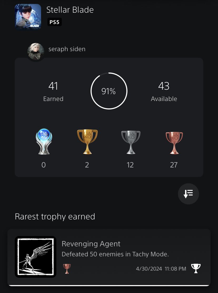 #StellarBlade progress: 1 trophy left to platinum. 

So I’m gonna take a short break and continue with NG+ speedrun for thst one last trophy. No need to do sidequests or collecting memory sticks, so this one should be quicker.