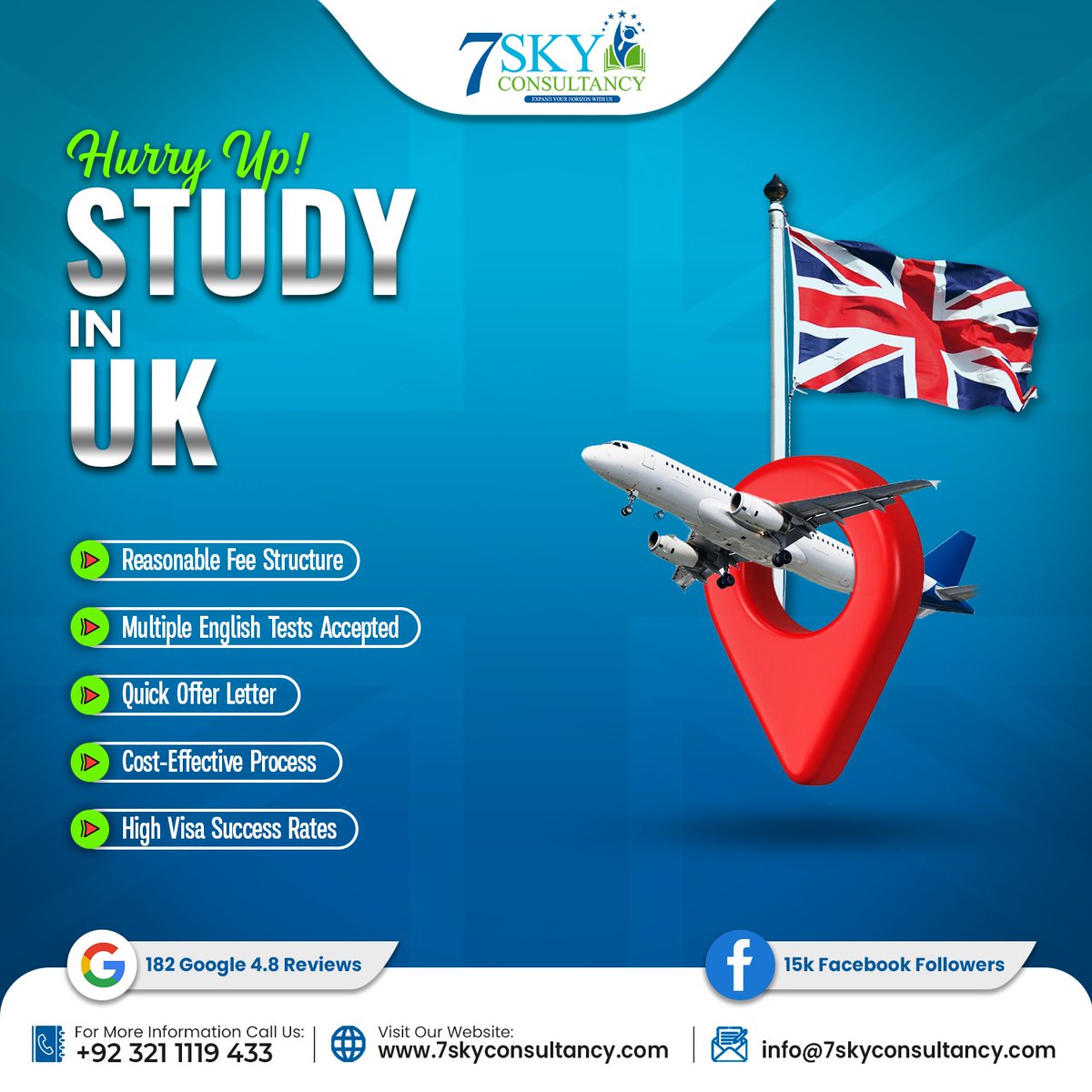 🇬🇧 Pursue your UK dreams for a Bachelor & Master! ✅ Multiple English tests accepted. ✅ Scholarships available. ✅ Easy application process. ✅ Low initial deposit & quick offer letter. ✅ Work opportunities & multiple intakes. Get #FREE Consultation. 7skyconsultancy.com/apply-now.php