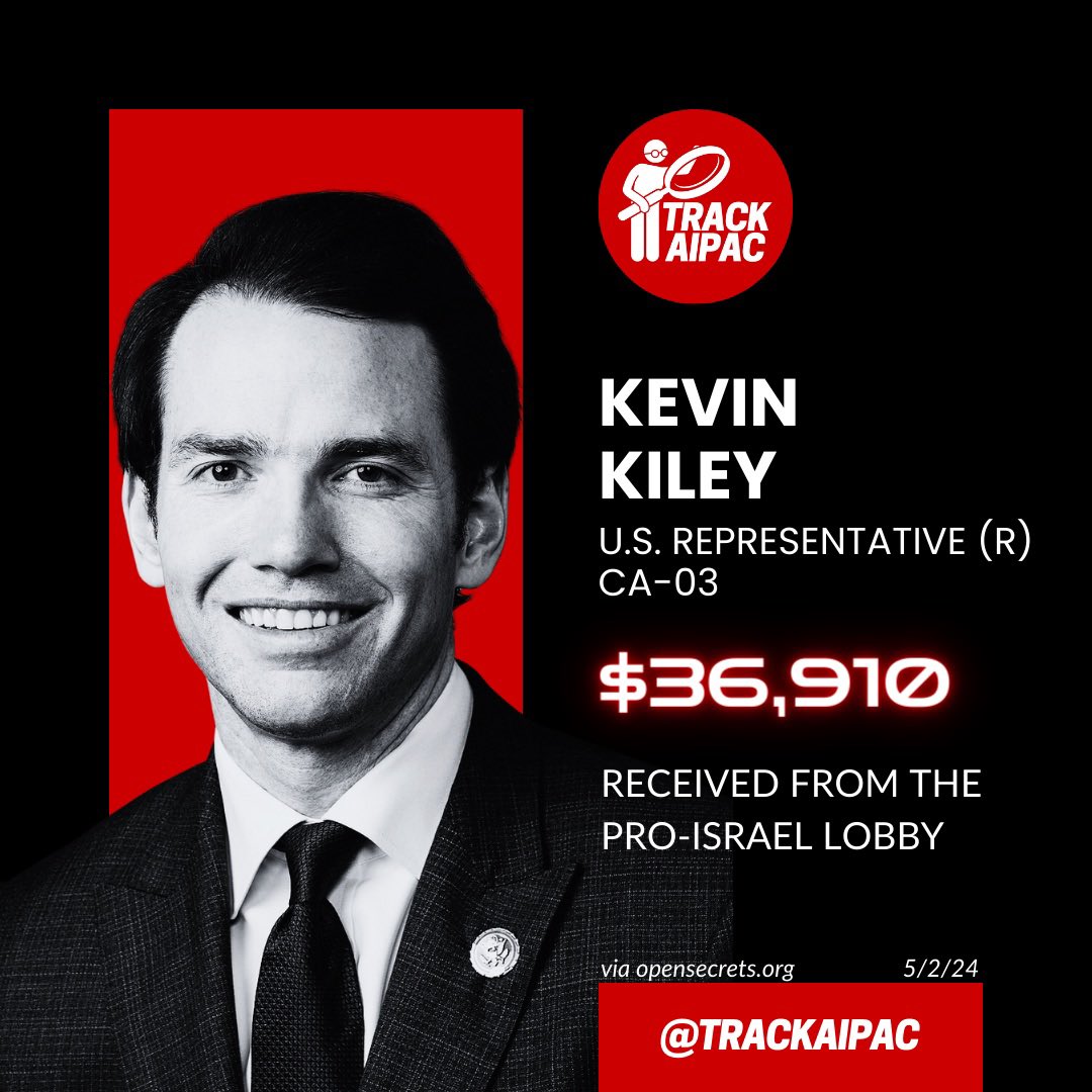 @RepKiley Freshman Rep. Kevin Kiley has now collected >$36,000 simping for AIPAC and the Israel lobby pushing anti-free speech propaganda. #RejectAIPAC