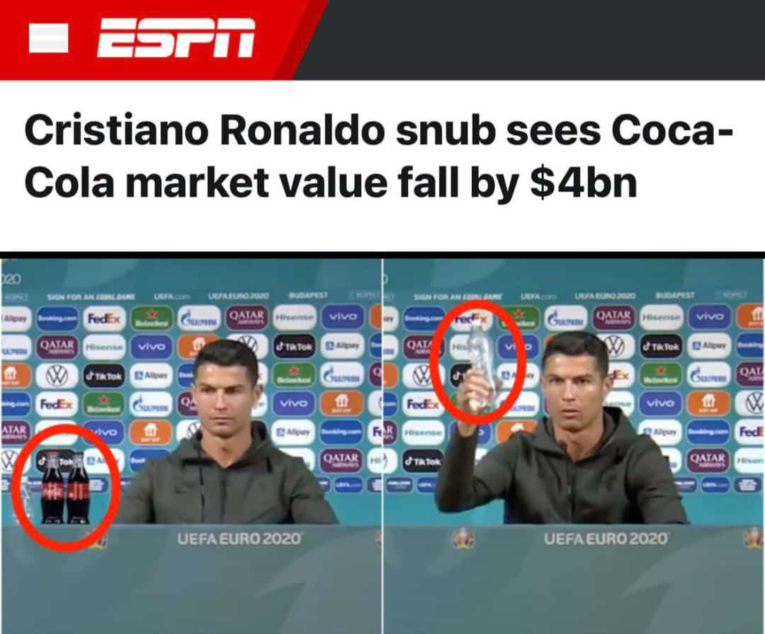 Cristiano Ronaldo's removal of 2 Coca-Cola bottles at a Euro 2020 news conference coincided...

...with a $4 billion drop in the market value of the American drink giant.

As in, he told people to start drinking “water' and stop drinking poisonous well-packaged drink (Coke).…