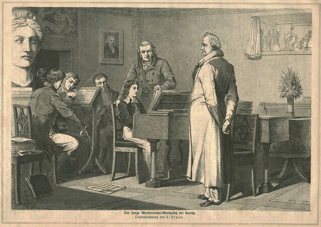 12 yaşındaki Felix Mendelssohn-Bartholdy ve Johann Wolfgang Von Goethe'nin ilk karşılaşmaları, 1821. Genç Felix son bestelediği piyanolu dörtlüsünü çalmış ve Goethe eserden ve sanatçıdan çok etkilenmiş.