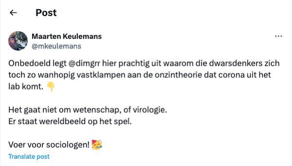 @mkeulemans @wierdduk Over polarisatie gesproken:

— klimaatwetenschappers v. klimaatontkenners;
—  natuurlijke oorsprong v. lableak believers; en
— zij die de wetenschap volgen v. wetenschapsontkenners.

Het verschil is niet polarisatie; het verschil ligt in het inroepen van wetenschap daarbij.