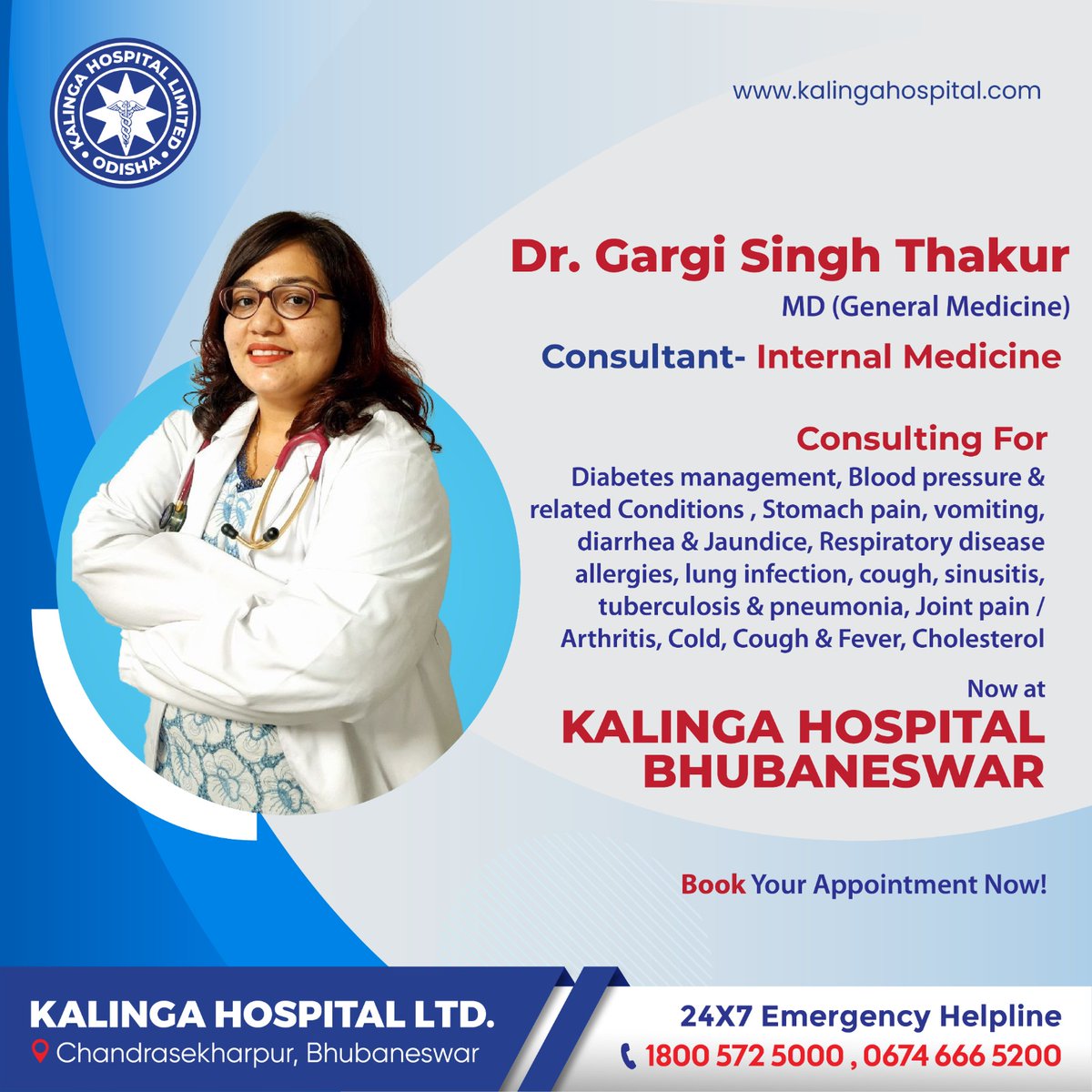 Odisha's esteemed 𝐃𝐫. 𝐆𝐚𝐫𝐠𝐢 𝐒𝐢𝐧𝐠𝐡 𝐓𝐡𝐚𝐤𝐮𝐫, Consultant in Internal Medicine, now at 𝐊𝐚𝐥𝐢𝐧𝐠𝐚 𝐇𝐨𝐬𝐩𝐢𝐭𝐚𝐥. Prioritize your well-being and secure your appointment today.

 #Healthcare #MedicalCare #WellnessConsultation #Bhubaneswar #KHL #ExpertCare
