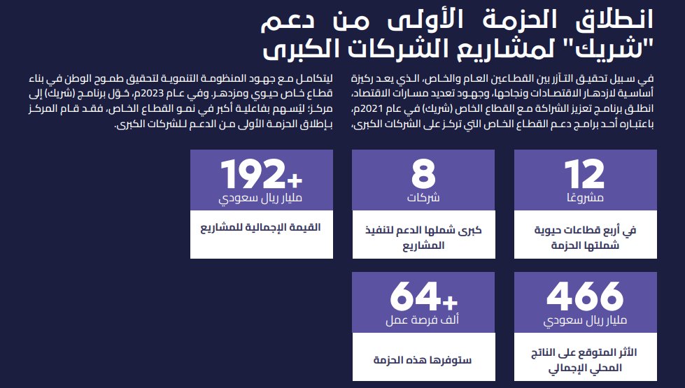 برنامج شريك من أبرز البرامج الداعمة للقطاع الخاص في الربع الاول من عام 2023 تم إطلاق أول حزمة من دعم المشاريع لـ 8 شركات:
- أرامكو السعودية
- أكوا باور
- اس تي سي
- معادن
- زين
- البحري
- المتقدمة
- سابك
مشاريع ضخمة بقيمة +192 مليار ريال.

بأنتظار الحزمة ثانية اتمنى تكون في 2024