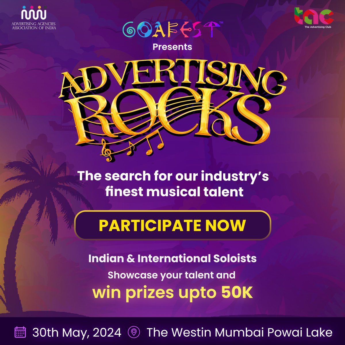 Calling all advertising rockstars! #AdvertisingRocks returns to #Goafest2024 Categories: Indian & International soloists Submit your entries by May 15th for a chance to win prizes up to 50k! Rock and enROLL now bit.ly/3xUxjhy 🎶