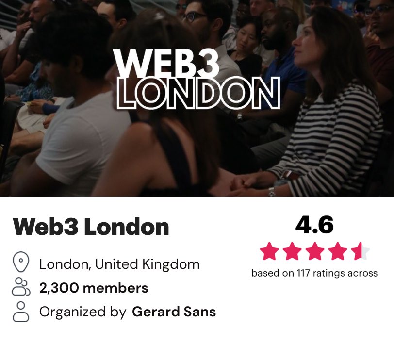 Join the largest IRL Web3 community in London! 💂🇬🇧 Web3 London (2022) ⭐️⭐️⭐️⭐️✨ With 4.6 stars from 117 ratings, this community showcases rising talent in the space and amazing NFT galleries Sign up today!meetup.com/web3london #web3 #london ✨🚀