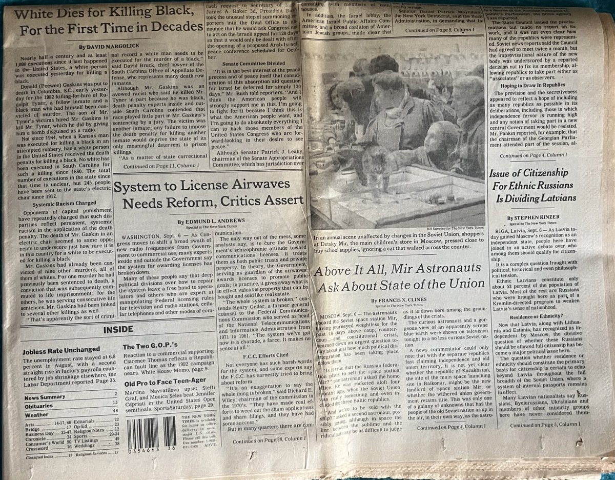 Not to be incendiary, but I was cleaning and found my copy of the Times when the Baltic states were recognized and on the same front page is fascinating story about systemic racism. Zoom in. Your jaw will drop.
