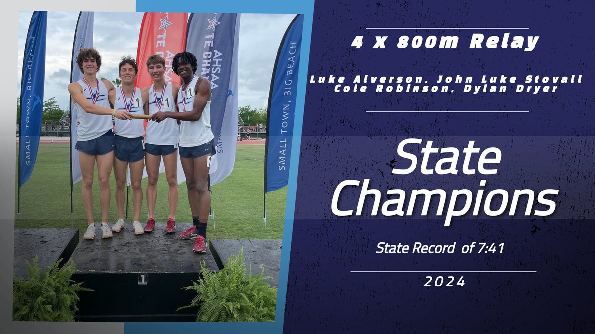 Congratulations to Luke Alverson, John Luke Stovall, Cole Robinson & Dylan Dryer. The 2024 4 x 800 m Relay State Champions and new state record time of 7:41