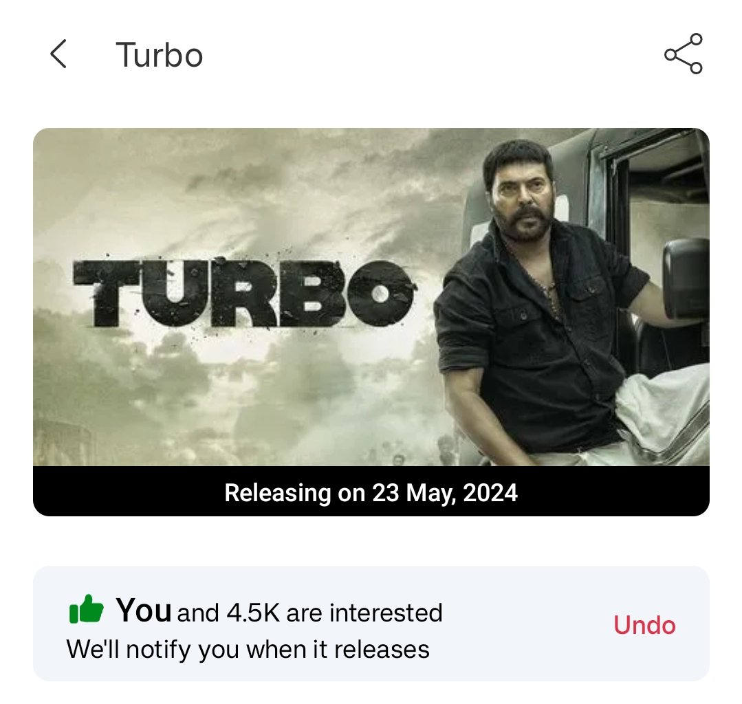 4.5K interests and counting 🔥

Everybody just get into Bookmyshow app and register your interest 🤘🏽

The link is given below:

in.bookmyshow.com/kochi/movies/t…

#Mammootty𓃵 #Mammootty #Mammukka #TurboFromMay23 #MammoottyKampany