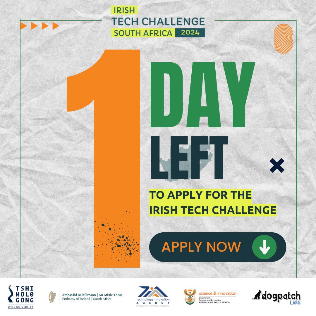 Only 𝟏 𝐃𝐚𝐲 left to apply for the #irishtechchallenge! Don’t let the opportunity pass YOU by, apply TODAY and give your tech startup a chance like no other 🔗: irishtechchallenge.com Closing date: 05 May 2024 #SustainableGoals #Development #SouthAfrica #sustainable