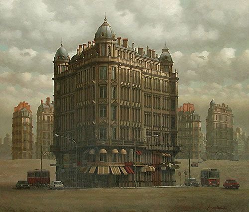 Arnau Alemany. (1948-2020) Catalan painter in the Magical Realism Genre He painted desolate abandonment , ghost towns ,industrialised cities where nature consumes the streets and buildings It’s been a bit of a depressing morning ….sorry!