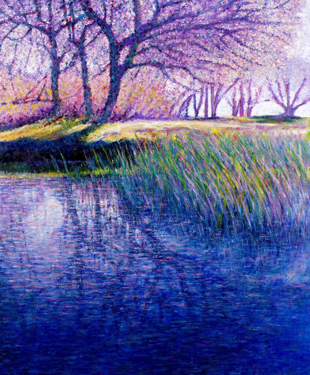 “Stillness in Reflection” finger painted on 29.5x35.5” canvas. 

A serene scene of lilac and pink trees mirrored in shimmering blue waters. 

#lorrainemcmillan #fingerpaintingartist #vibrantartwork #paintings #fingerpainting #colourfulartwork #serenelake #femaleartists