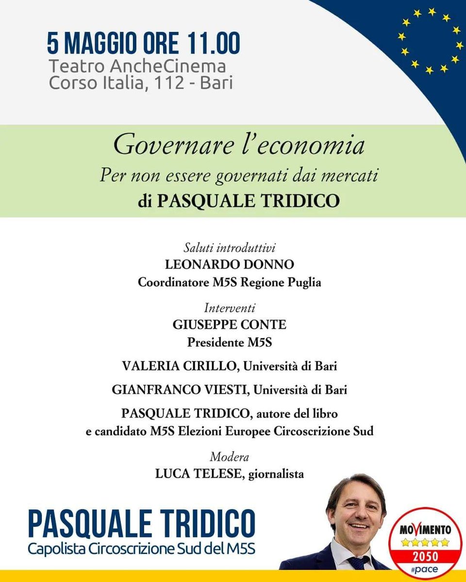 Grande evento di presentazione del libro 'Governare l'economia, per non essere governati dai mercati'. Con Giuseppe Conte Modera Luca Telese E con due grandi econonomisti dell'Università di Bari: Valeria Cirillo Gianfranco Viesti #UnEuropaPiuGiusta