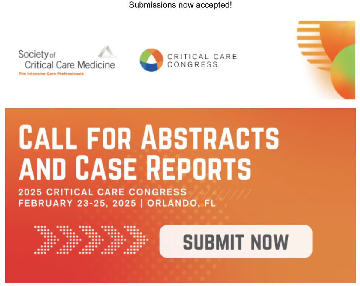 Submit your abstracts and case reports for #SCCM2025 now! The portal is open! #PedsICU #SCCMSoMe