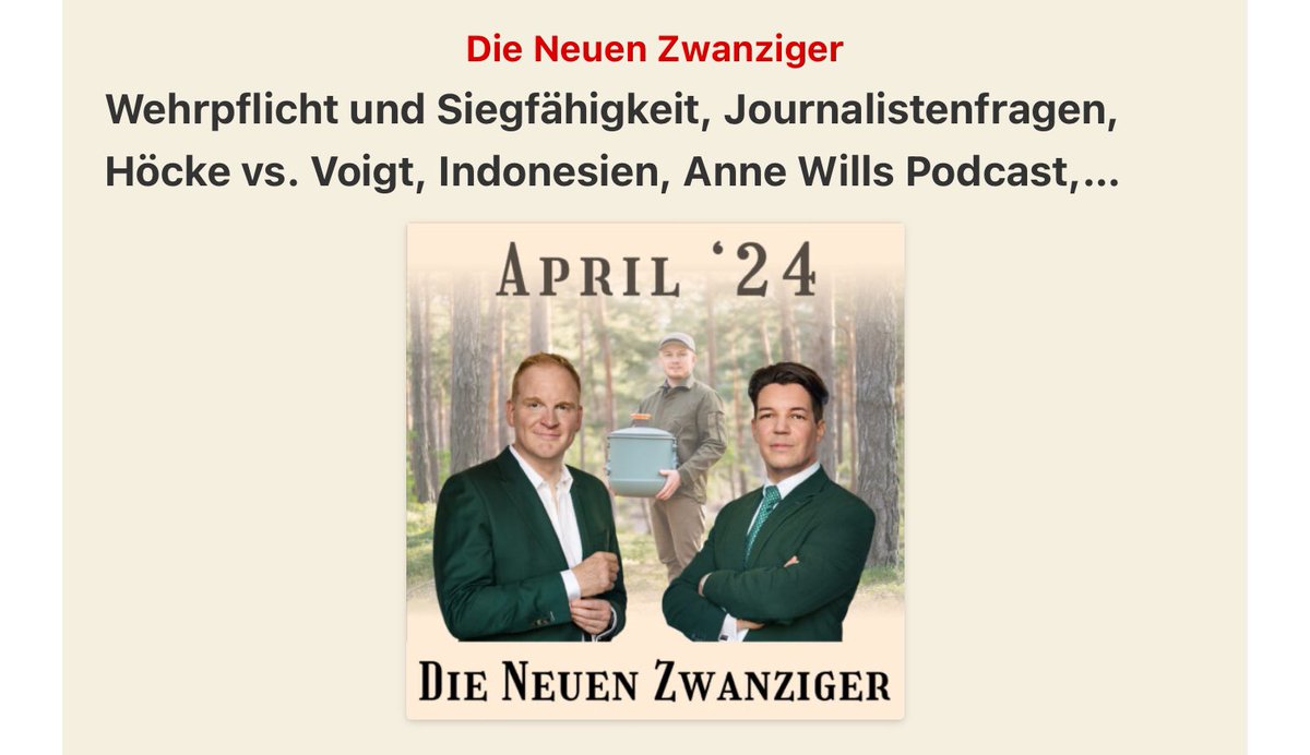 Die aktuelle Folge von „Die Neuen Zwanziger“ ist herausragend. Ausführlich widmen sich @SchmittJunior und @friiyo den Polit-Talkshows - bzw. den Fragen, die Miosga, Illner und Co. stellen. In den Shows gehe es ums Spektakel, kaum um Erkenntnisse. neuezwanziger.de/2024/04/wehrpf…