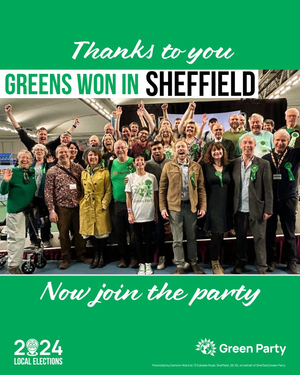 🎉Thank you #Sheffield! 🎉 🌱More people voted Green than ever before, with Greens receiving the second most votes for the first time in the council, and a strong second from Sheffield in the mayoral 💚Thank you for all your support, and to everyone that helped in the campaign