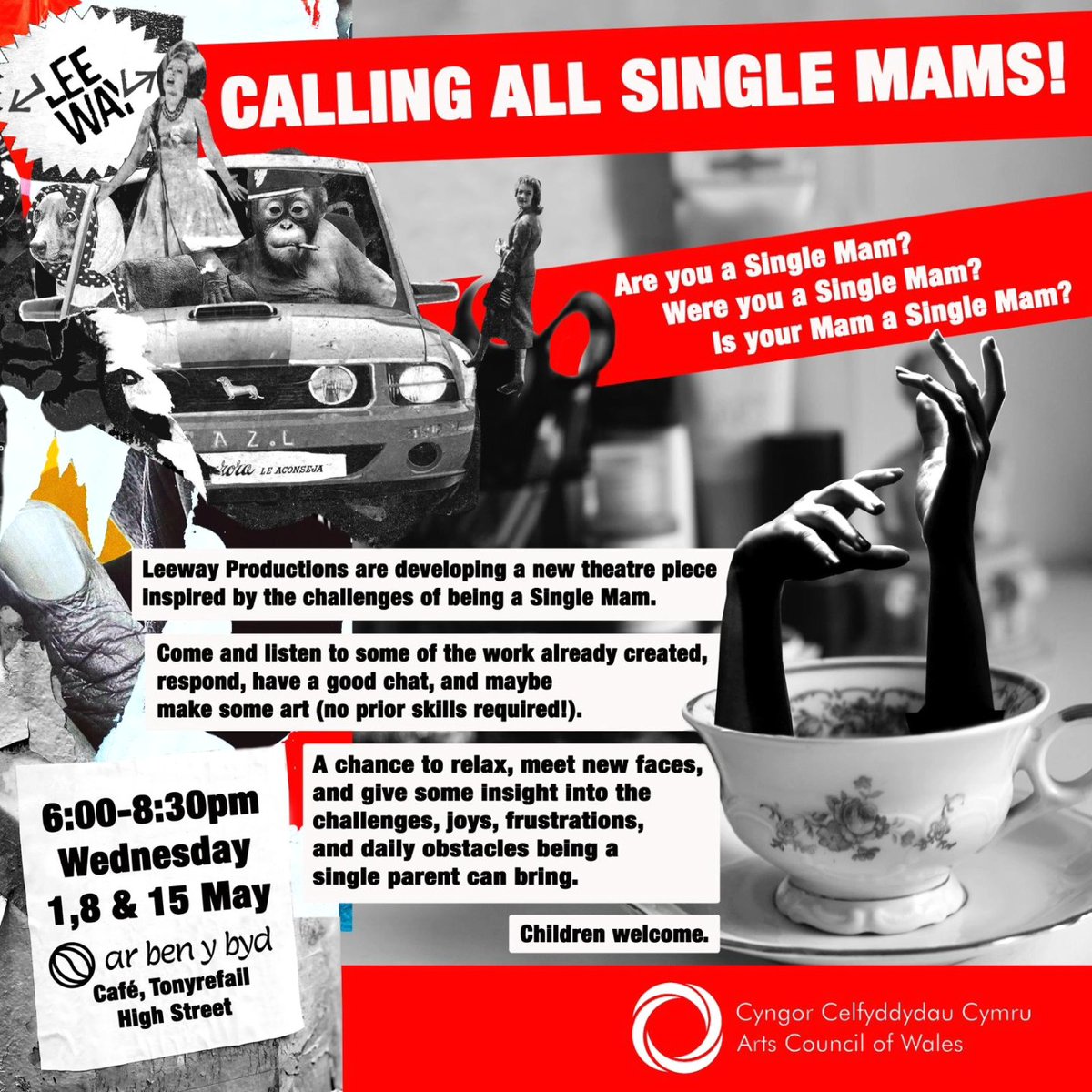 CALLING ALL SINGLE MAMS!

We are developing a new theatre piece inspired by the challenges of being a Single Mam.

Come along to these sessions, listen to some of the work already created, respond, listen, have a good chat, and maybe make some art.

Children welcome
