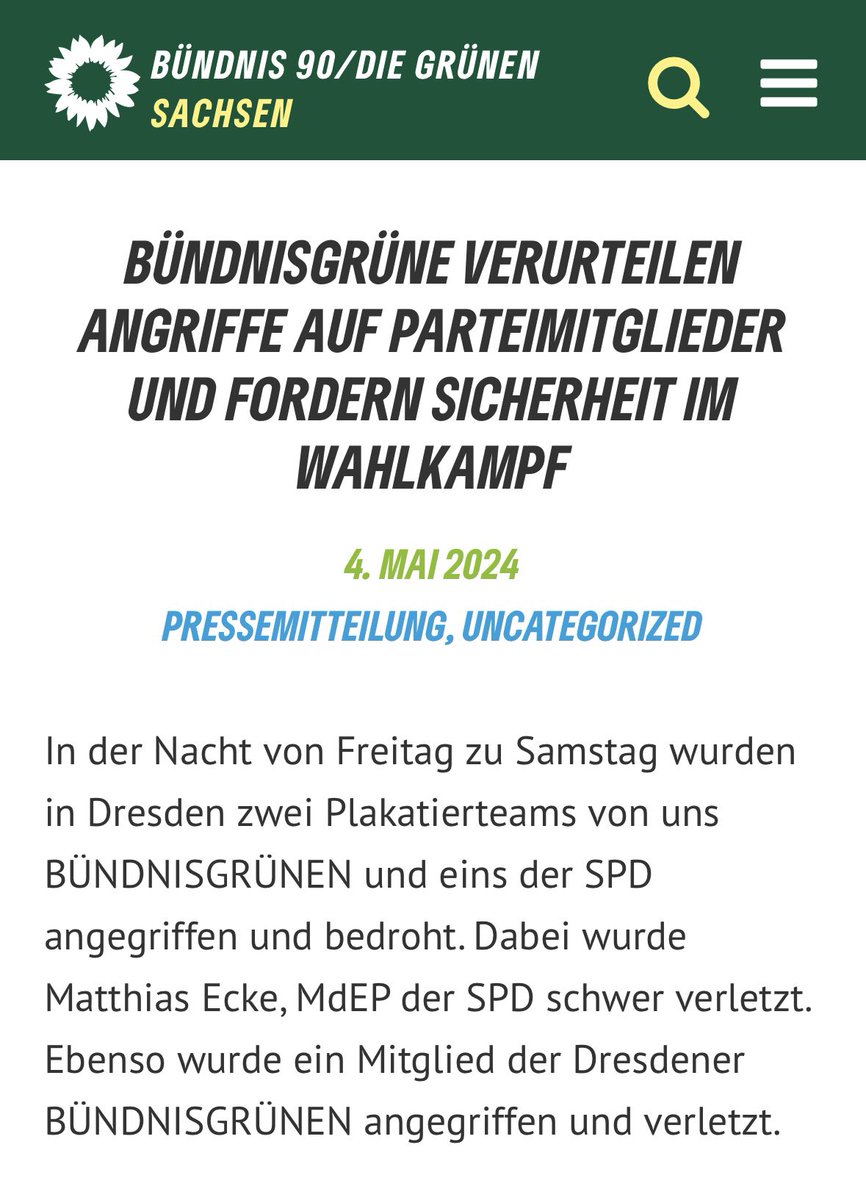 Wir @gruene_sachsen und @gruene_dresden verurteilen die brutalen Angriffe auf Plakatierteams von Grünen und SPD in Dresden aufs Schärfste. Hier unsere Pressemitteilung: gruene-sachsen.de/2024/05/sicher…