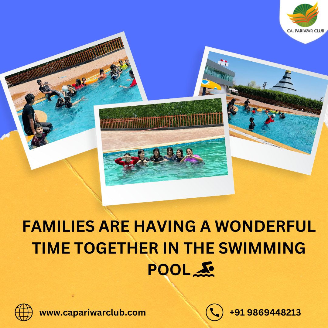 Take a dip at CA Pariwar Club's pool! With clean water, comfy seating, and lifeguards on duty, it's the ultimate spot for family fun and relaxation. Whether you're swimming laps or just chilling, our pool is the place to be! #CAPariwarClub #FamilyPool #Relaxation