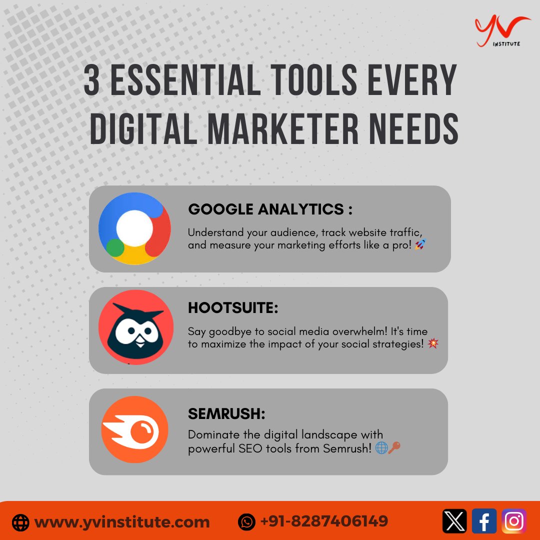 Beginners' guide to digital marketing - 3 essential tools every marketer needs to know and use

Google Analytics🚀
Hootsuite💬
Semrush🌐

#digitalmarketing #digitalmarketingcourse #googleanalytics #Semrush #Hootsuite #digitalmarketingtips #usefultips #quicktips #yv #yvinstitute