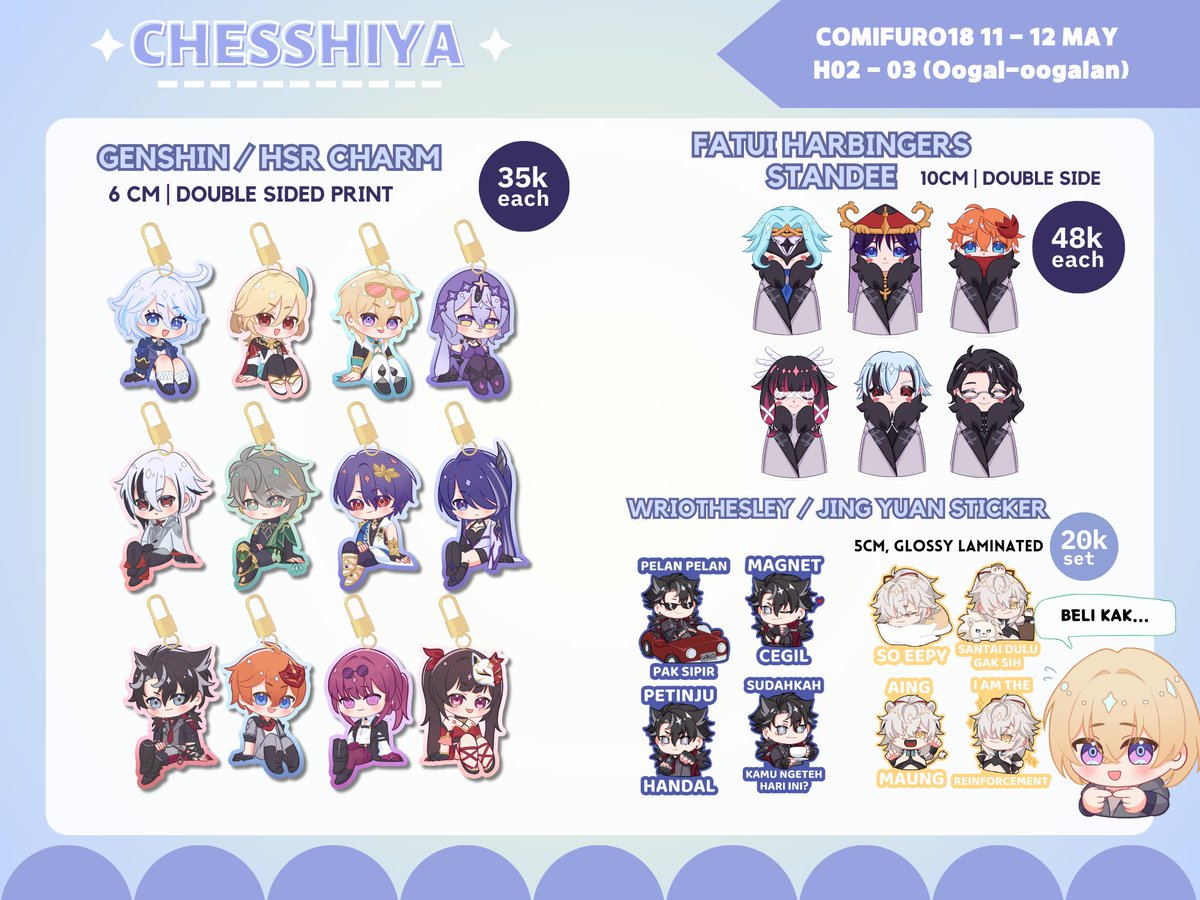[🔁&💖 are appreciated!] My final #Comifuro18 OTS catalog is here :3c 📍booth: H02-03 (Oogal-oogalan) 📅 : 11 - 12 May (both days) ✨ : Genshin Impact & Honkai Star Rail See you there!💕 #cf18 #cf18catalogue