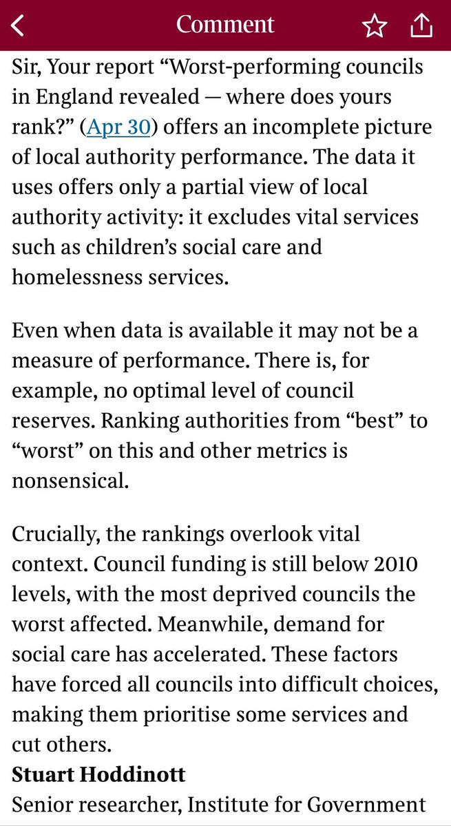 Good to get a letter in today’s Times addressing some of the problems with their “ranking” of local authorities I have a longer explanation about some of the issues in the thread below 👇