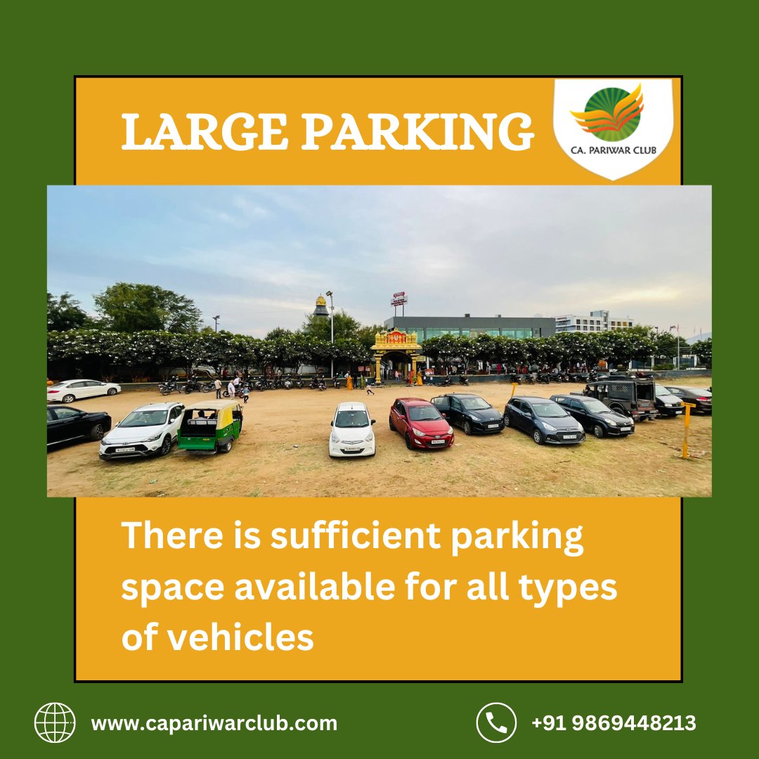 Enjoy hassle-free parking at CA Pariwar Club! With ample, well-lit, and secure spaces, your vehicle is safe with us. 24/7 monitoring ensures peace of mind while you enjoy your time at the club. Experience convenience and safety like never before! #CAPariwarClub #ParkingSolution