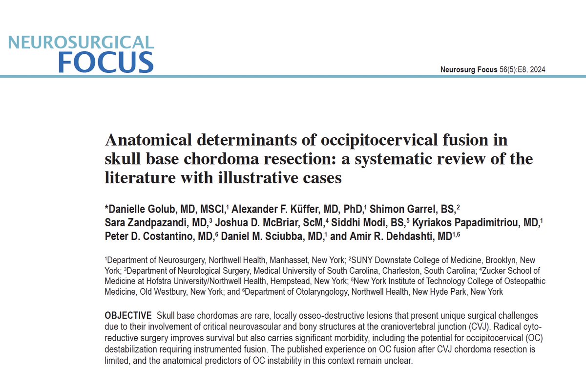Danielle Golub, MD, MSCI (@dgolubmd) on Twitter photo Excited to see our latest article in #NeurosurgicalFocus <a href="/TheJNS/">Journal of Neurosurgery</a> on the anatomical determinants of OC fusion in #skullbase #chordoma resection! <a href="/JoshuaMcBriar/">Joshua McBriar, MD, ScM</a> <a href="/DanielSciubba/">Daniel Sciubba</a> <a href="/amirdehdashti/">Dr Amir R. Dehdashti</a> <a href="/NorthwellNsurg/">Northwell Neurosurgery</a>
<a href="/NASBSorg/">NASBS</a> <a href="/NSTumorSection/">NS Tumor Section</a> @AANSneuro #Neurosurgery
thejns.org/focus/view/jou… Excited to see our latest article in #NeurosurgicalFocus <a href="/TheJNS/">Journal of Neurosurgery</a> on the anatomical determinants of OC fusion in #skullbase #chordoma resection! <a href="/JoshuaMcBriar/">Joshua McBriar, MD, ScM</a> <a href="/DanielSciubba/">Daniel Sciubba</a> <a href="/amirdehdashti/">Dr Amir R. Dehdashti</a> <a href="/NorthwellNsurg/">Northwell Neurosurgery</a>
<a href="/NASBSorg/">NASBS</a> <a href="/NSTumorSection/">NS Tumor Section</a> @AANSneuro #Neurosurgery
thejns.org/focus/view/jou…