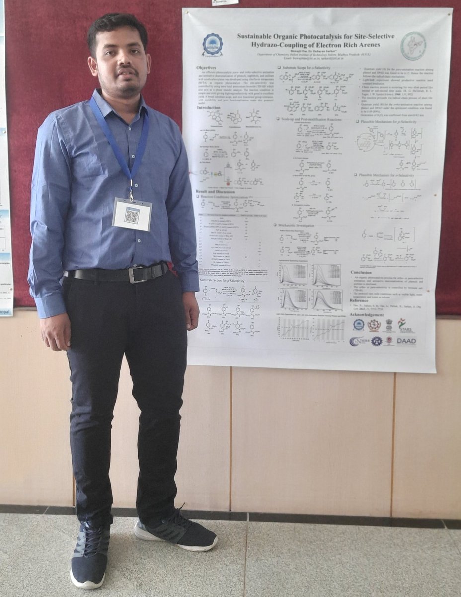 Please find my work on 'Sustainable Organic Photocatalysis for Site-Selective Hydrazo-Coupling of Electron rich Arenes' at poster no. 4 in @ChemResSocIndia Bhopal chapter one day conference @iiserbhopal . @ChemistryIITI @DebayanDr Lab.