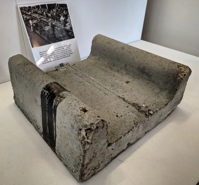 Concrete track recovered from MG #Abingdon Factory shortly before demolition in 1981. The MG car club acquired it by donation from a committed MG enthusiast who saved it by taking it home with him, all the way to the Netherlands! Object on loan from @MGCarClub. #MG100 #MGcars