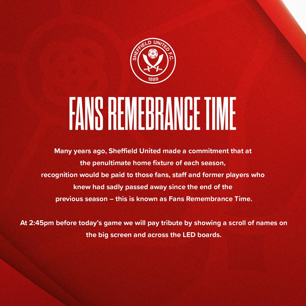 Be in your seats at 2:45 to partake in today’s Fans Remembrance Time.